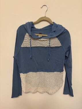 Free People We The Free Blue Crochet Mesh Panel Hoodie XS Boho Raw Hem Pullover